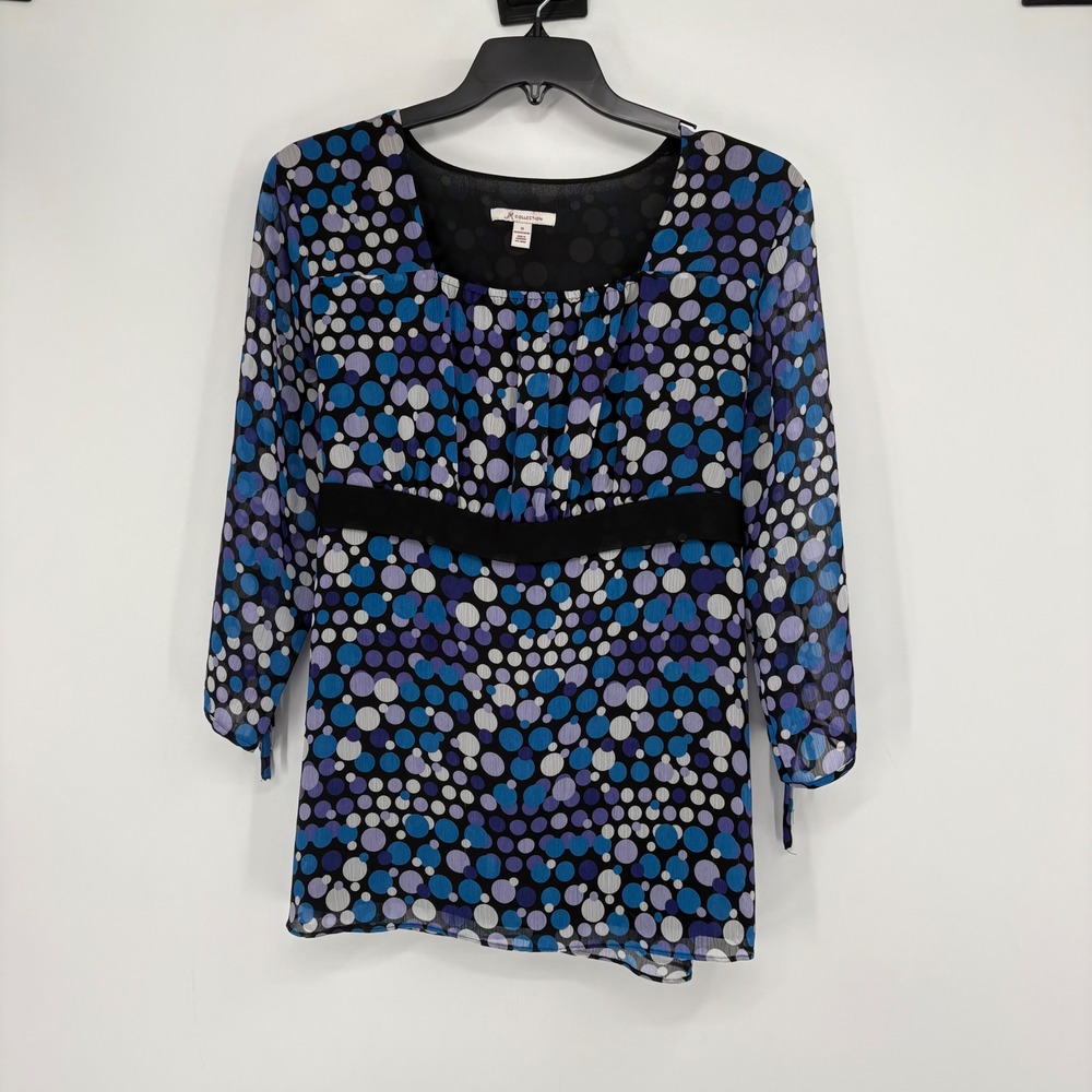 JM Collection Blouse Women 14 Blue Polka Dot Empire Waist Tie Sleeve Chiffon Top